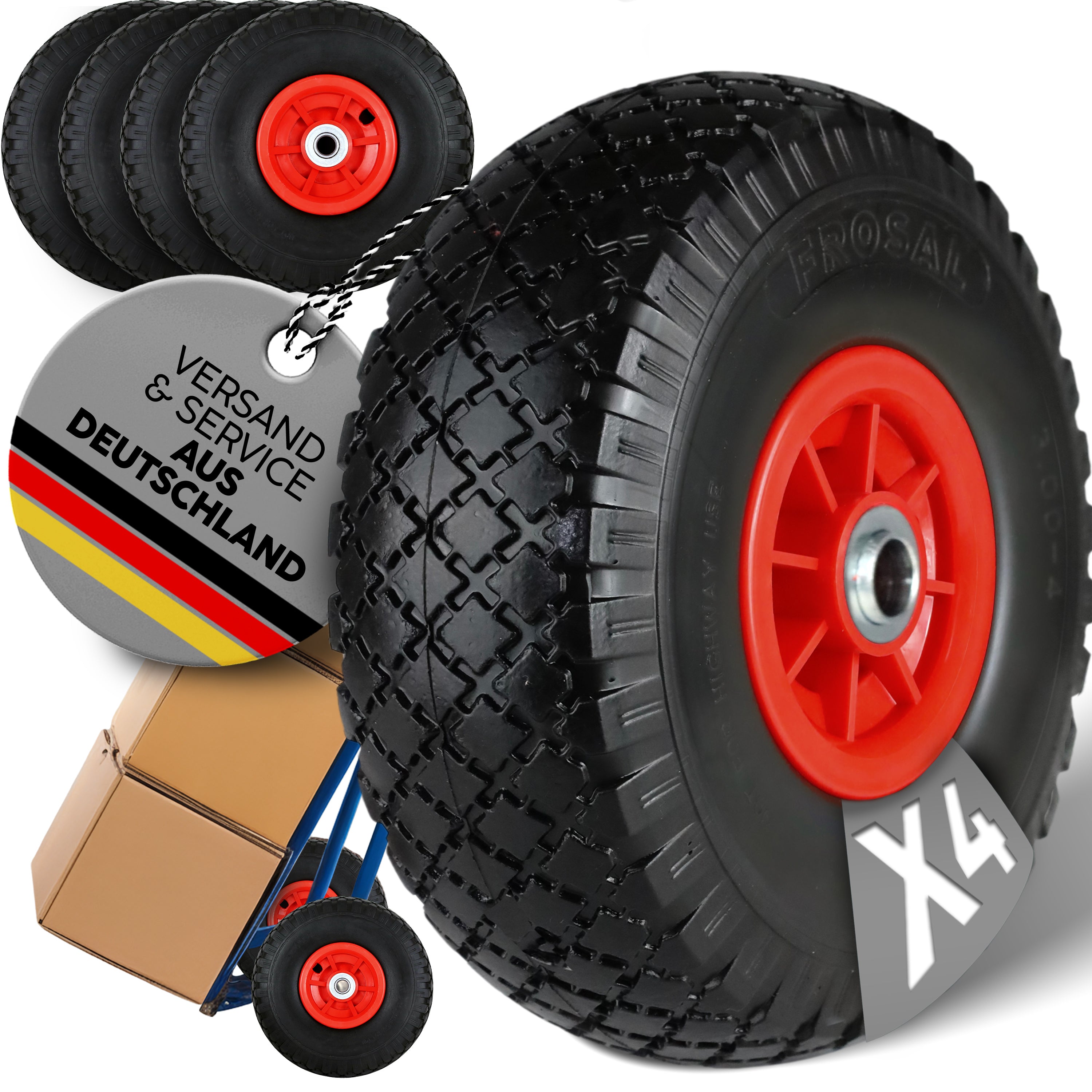 FROSAL Ersatzrad - PU Rad Nabe 16mm/50mm für Bollerwagen oder Sackkarre pannensicher Felge rot 4 Stück