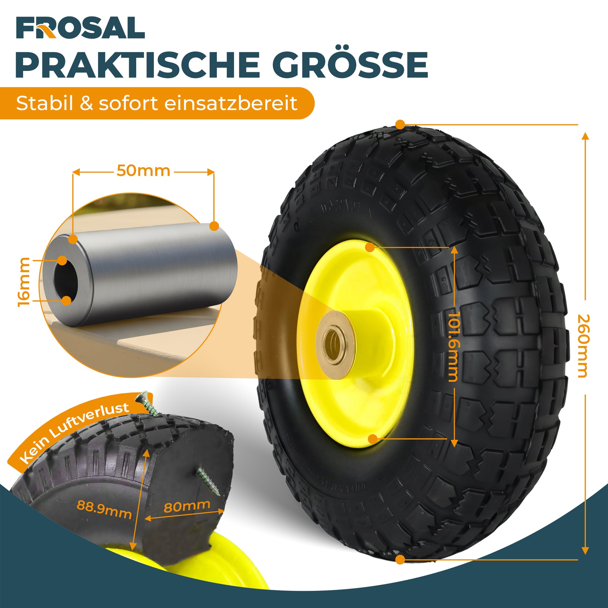 FROSAL Ersatzrad - PU Rad Nabe 16mm/50mm für Bollerwagen oder Sackkarre pannensicher Felge gelb