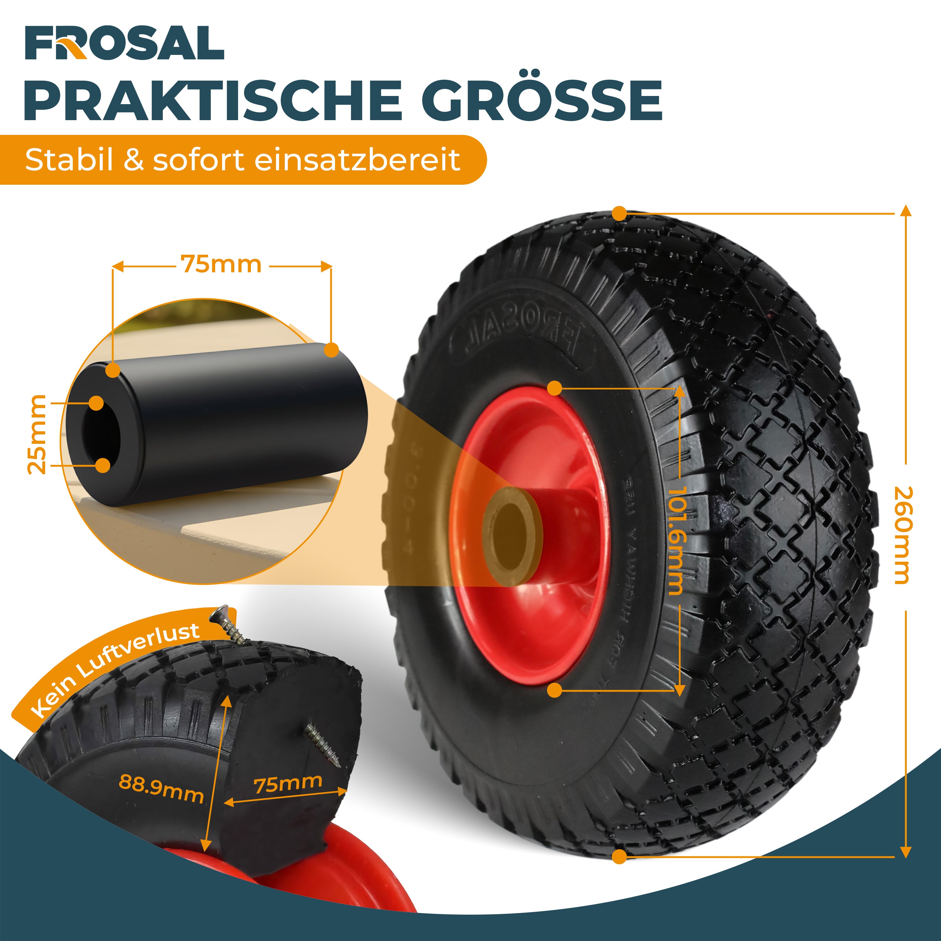 FROSAL pannensichere Ersatzräder 260×75 mm für Bollerwagen & Sackkarre | PU Rad auf Stahlfelge | Achse Ø25×75 mm | Räder Transportkarre pannensicher