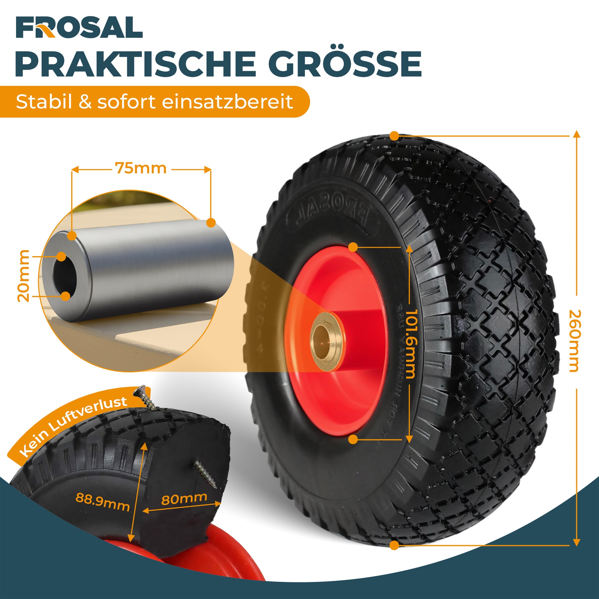 FROSAL pannensichere Ersatzräder 260×80 mm für Bollerwagen & Sackkarre | PU Rad auf Stahlfelge | Achse Ø20×75 mm | Räder Transportkarre pannensicher