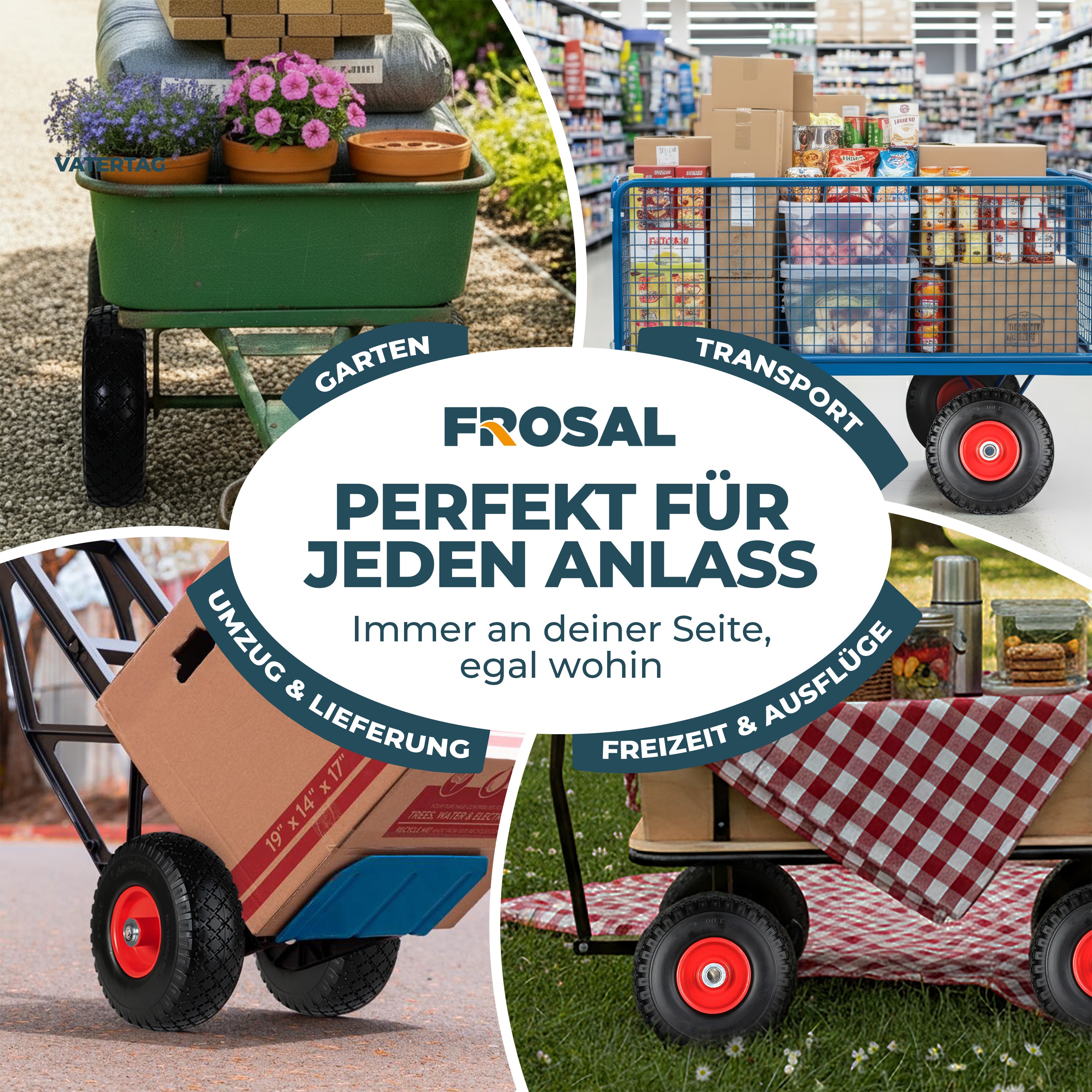 FROSAL pannensichere Ersatzräder 260×80 mm für Bollerwagen & Sackkarre | PU Rad auf Stahlfelge | Achse Ø20×75 mm | Räder Transportkarre pannensicher