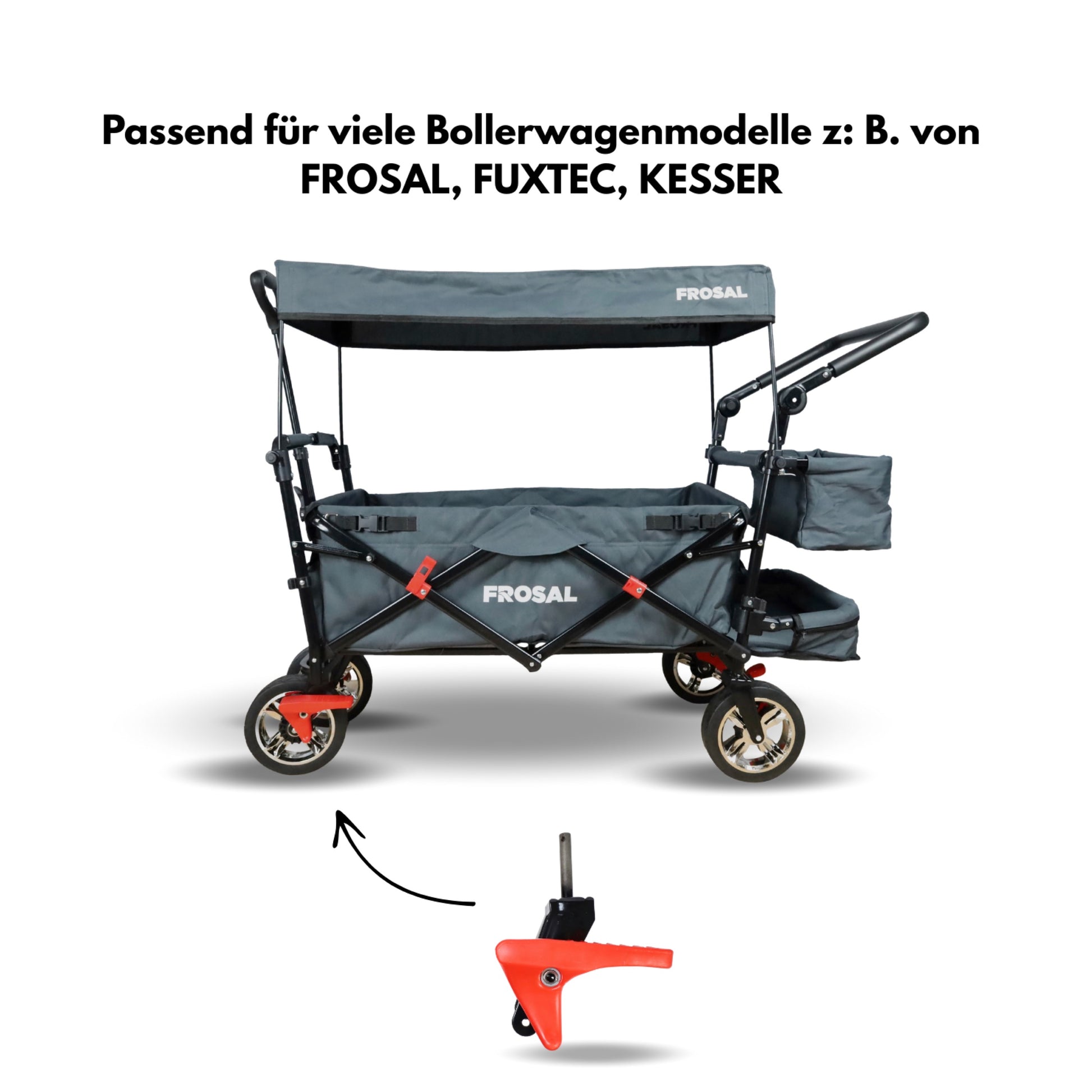 FROSAL Radhalter Set mit Bremshebel – 2 Stück (links & rechts), passend für Frosal Leo, Fuxtec- und Kesser-Bollerwagen mit Bremskranz-Rädern