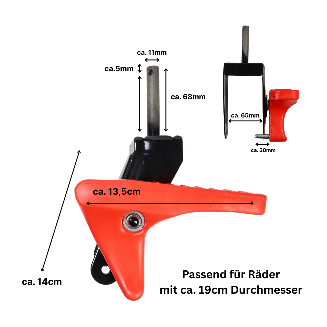FROSAL Radhalter Set mit Bremshebel – 2 Stück (links & rechts), passend für Frosal Leo, Fuxtec- und Kesser-Bollerwagen mit Bremskranz-Rädern