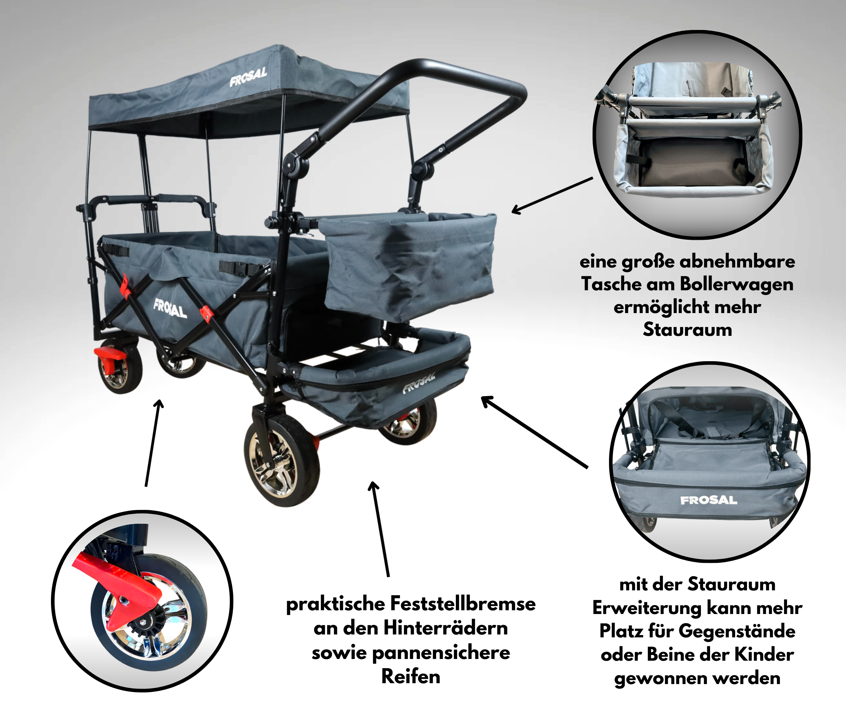 Foldable handcart Leo with sunroof and storage extension