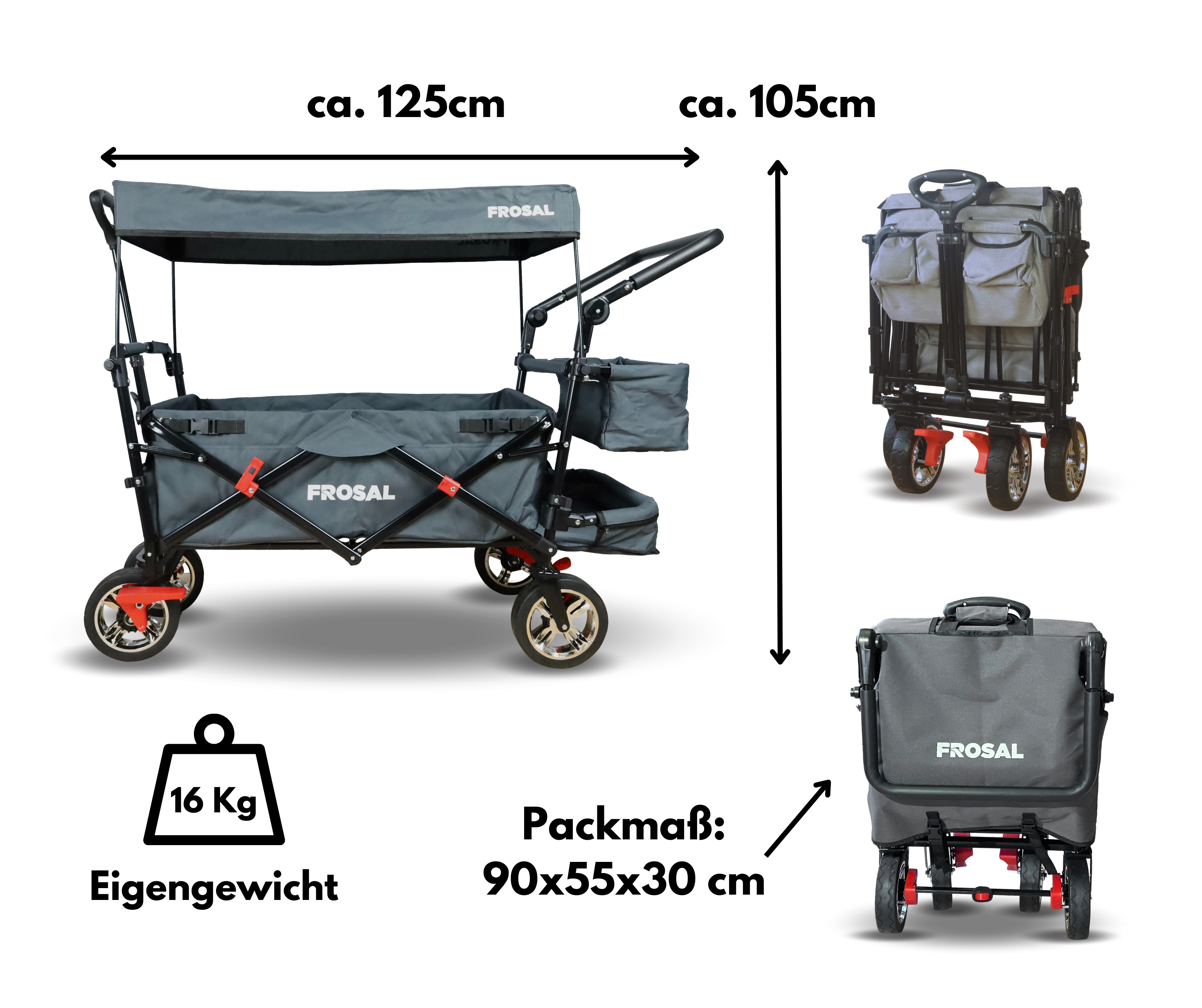 Foldable handcart Leo with sunroof and storage extension